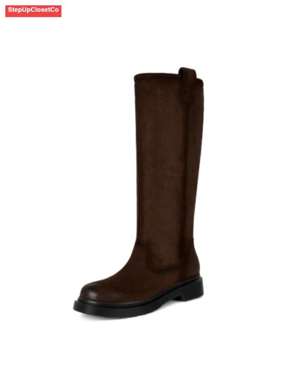 Knee High Boots Slip On Block Heel Faux Suede Round Toe Women's